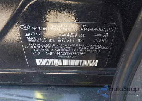 2013 Hyundai Sonata Gls z USA, uszkodzony, nr VIN 5NPEB4AC6DH783365